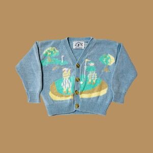 Vintage Kids Golf Theme Novelty Print Chunky Sweater Cardigan, Size 2T